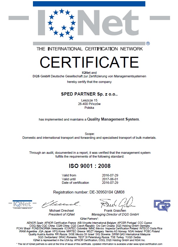 ISO SpedP certyfikat 2016